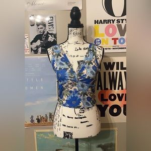 Ribbed Blue and Orange Floral Cross Body Tank Top